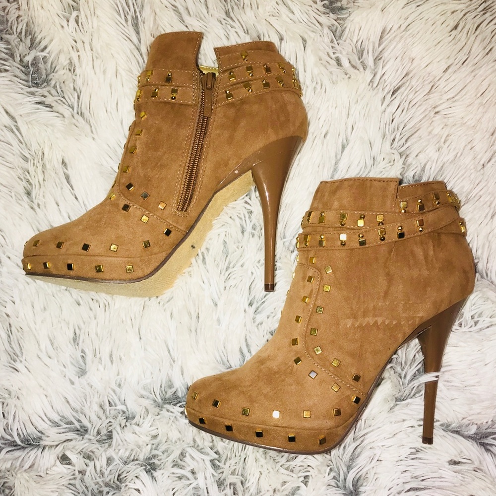 Tan Booties with gold studs.